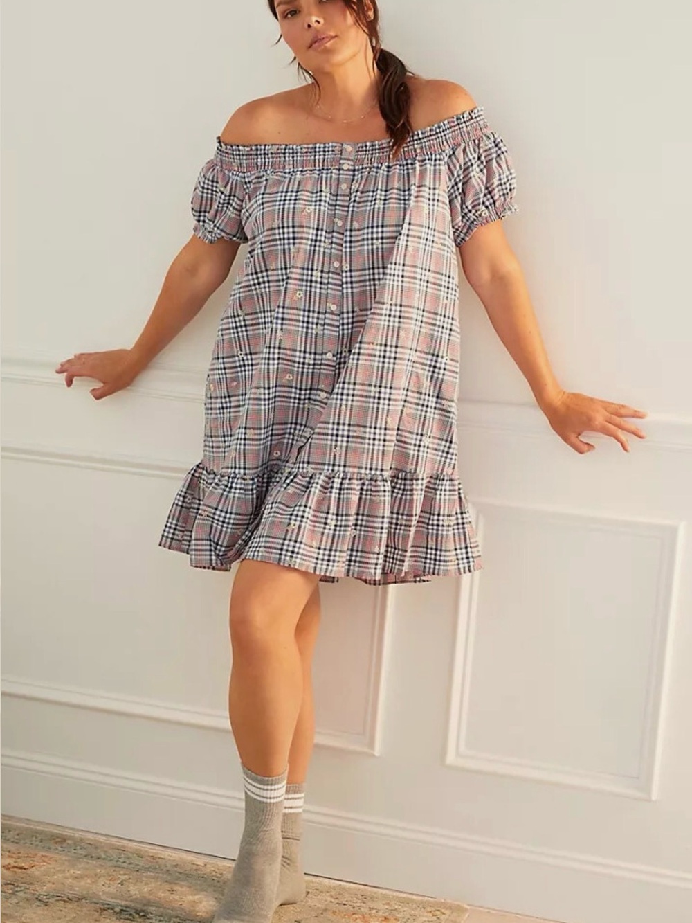 Anthropologie Plaid Embroidered Off-The-Shoulder Mini Dress